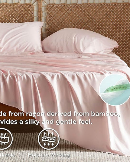 Bedsure California King Sheet Sets, Cooling Sheets for Hot Sleepers, Rayon Derived from Bamboo, Breathable & Soft, Deep Pocket Up to 16 Inches, Hotel Luxury Silky Bedding, Pink
