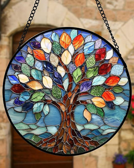 Stained Glass Window Hanging, Colorful Tree of Life Sun Catchers Glass Panel Blue Suncatcher Decor for Birthday for Women, Men, Wife, Aunt, and Mom 6.3 in