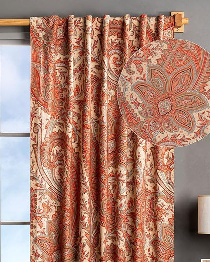 Maison d' Hermine Curtains for Living Room 100% Cotton 84 inch Length One Panel Light Filtering Curtains for Bedroom Windows with Rod and Loop Pockets Drapes (Kashmir Paisley Tomato, 50" W x 84" L)