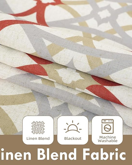 DriftAway Alexander 100% Blackout Curtains for Living Room Linen Blend Pattern Match Thermal Insulated Room Darkening Geo Moroccan Mid Century Back Tab Bedroom Drapes 2 Panels 52 x 84 Inch Linen Red