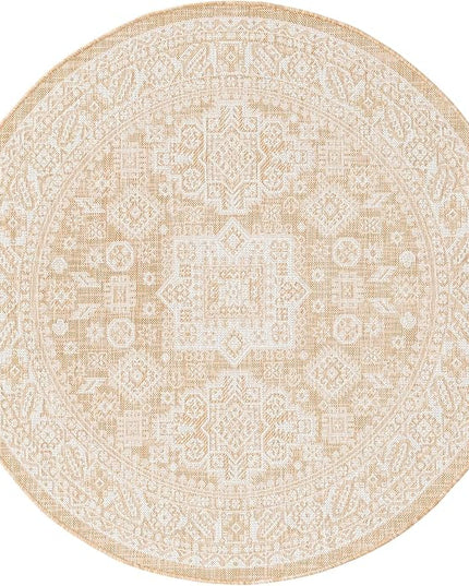 Rugs.com Outdoor Aztec Collection Rug – 5 Ft Round Natural Flatweave Rug Perfect for Kitchens, Dining Rooms