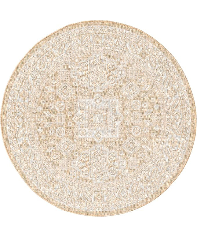 Rugs.com Outdoor Aztec Collection Rug – 5 Ft Round Natural Flatweave Rug Perfect for Kitchens, Dining Rooms