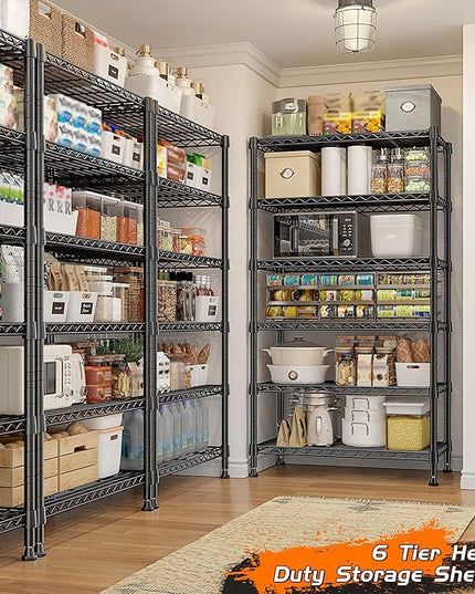 REIBII 6-Tier Metal Shelving Unit Storage Shelves, Sturdy Wire Shelving Adjustable Deep Pantry Shelves Load 800LBS Dorm Storage Shelves for Kitchen Pantry Closet,13.8" D x 21.5" W x 70.5" H