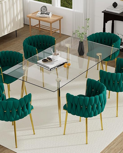 7 Piece Golden Glass Dining Table Set, 63'' Modern Luxury Rectangle Kitchen Table Set, Large Minimalist Dinner Table Set for 6, Green Woven Chair, for Living Room Apartment Leisure Office