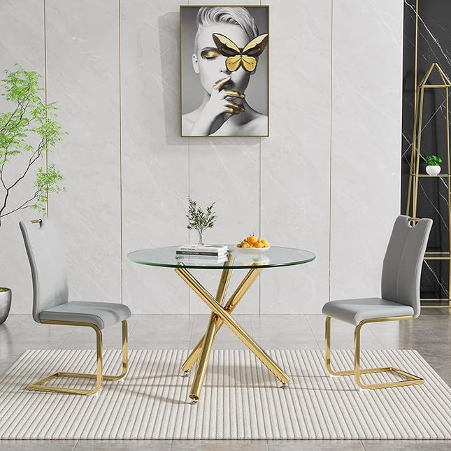 HomVent Round Glass Dining Table Set for 2, 3-Piece Modern Kitchen Table Set with 2 PU Upholstered Chair for Kitchen Dining Room, Glass Dining Room Table Set