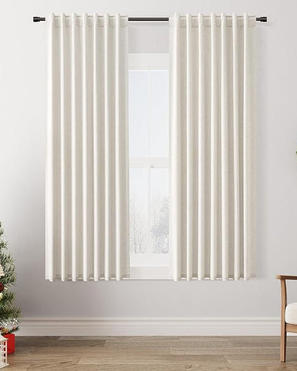 Guken Blackout Curtains 63 Inch Length 2 Panels Set for Living Room Bedroom Back Tab Thermal Insulated 100% Black Out Linen Drapes Room Darkening Window Curtains 63 Inches Long,Beige White