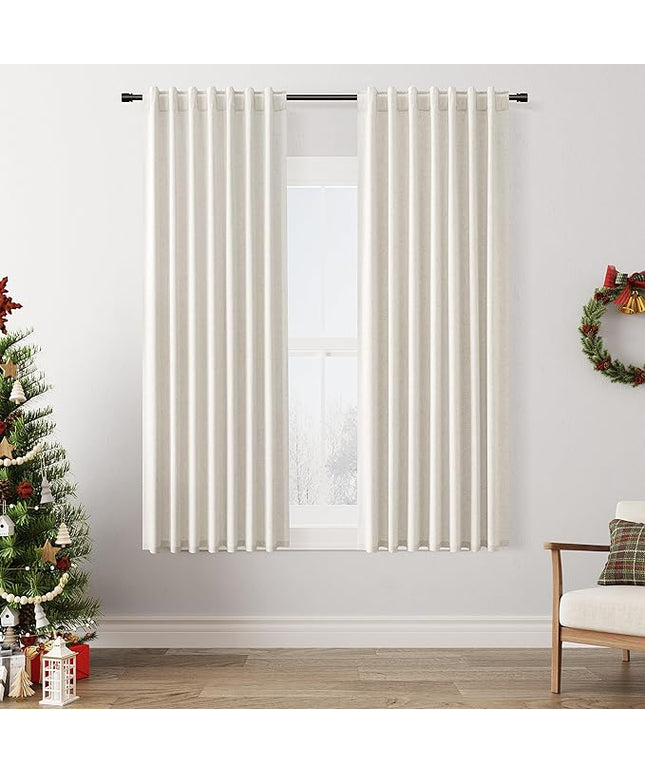 Guken Blackout Curtains 63 Inch Length 2 Panels Set for Living Room Bedroom Back Tab Thermal Insulated 100% Black Out Linen Drapes Room Darkening Window Curtains 63 Inches Long,Beige White