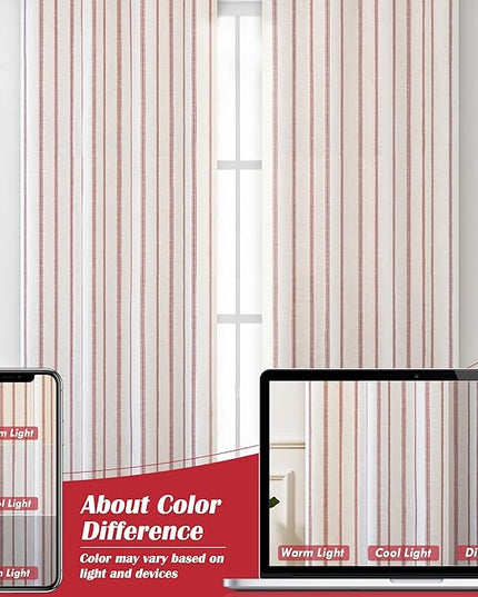 DriftAway Farmhouse Linen Blend Blackout Curtains 108 Inches Long for Bedroom Vertical Striped Printed Linen Curtains Thermal Insulated Lined Treatments for Living Room 2 Panels W52 x L108 Red
