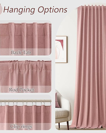 Guken Linen Blackout Curtains 120 Inch Length 2 Panels Set for Living Room Bedroom Back Tab Thermal Insulated 100% Black Out Linen Drapes Room Darkening Window Curtains 120 Inches Long, Pink
