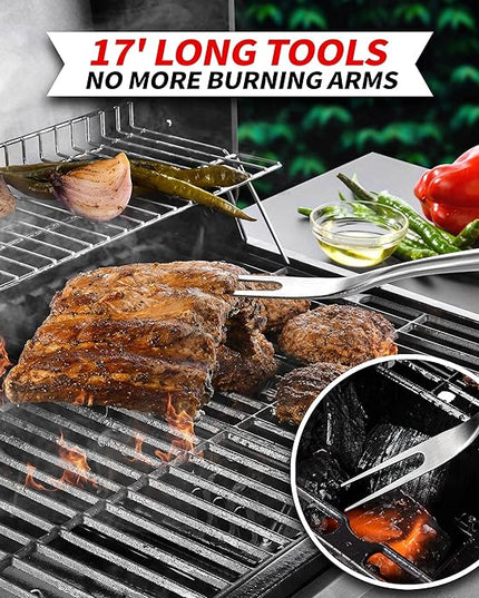 Heavy-Duty Rose Wooden BBQ Grilling Tools Set. Extra Thick Stainless Steel Multi-Function Spatula, Fork & Tongs | Essential Accessories for Barbecue & Grill. Ideal Gift for Father…