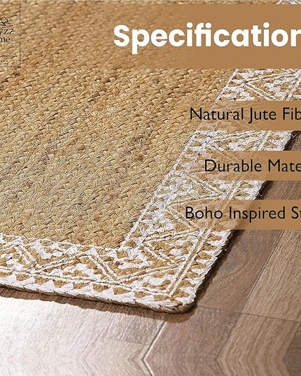 voyzz home 5X8 Feet-Rectangular, Premium Natural Jute Braided Area Rug, White Printed Border, Stain Resistance, Natural Brown, Handmade Rug for Entryways, Living Room, Dining Room, Bedroom, Farmhouse