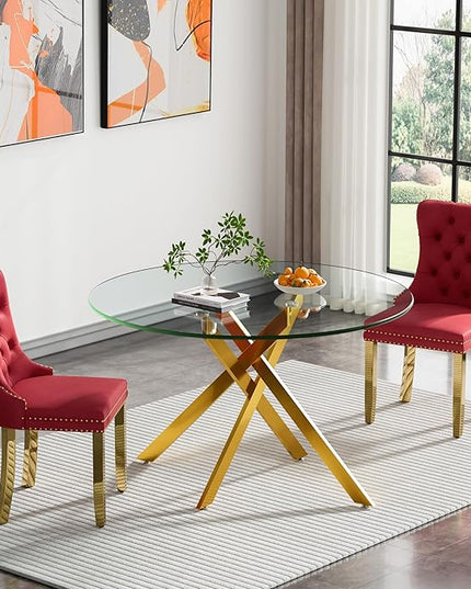 Round Glass Dining Table Set for 2, 47'' Clear Circular Kitchen Table and Chairs Set, 3PCS Modern Circle Dining Room Table Set with 2 Velvet Dining Chair for Home