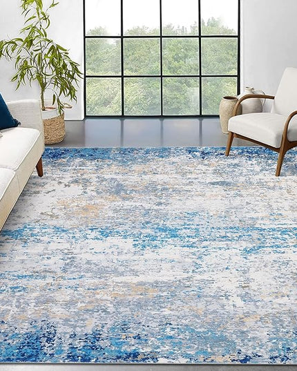 5x7 Modern Abstract Faux Wool Rug Ultra-Soft Low Pile Accent Rug Stain Resistant Carpet Machine Washable Rugs for Bedroom with Non Slip Backing, Blue/Grey