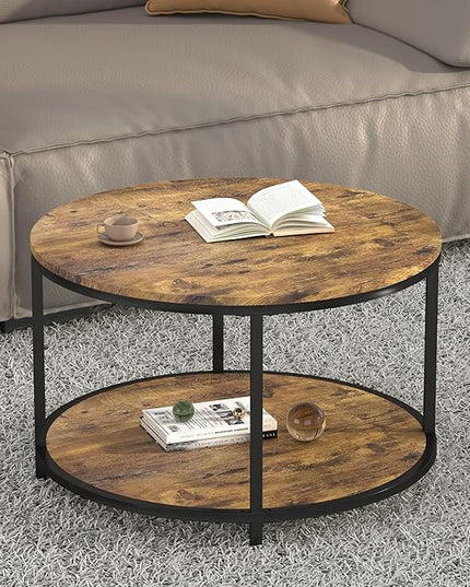 NSdirect Round Coffee Table, 25.6" Small Coffee Table for Living Room,2-Tier Rustic Wood Desktop with Storage Shelf Modern Design Home Furniture(Brown)