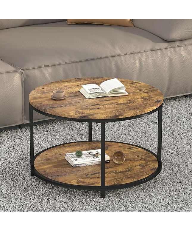 NSdirect Round Coffee Table, 25.6" Small Coffee Table for Living Room,2-Tier Rustic Wood Desktop with Storage Shelf Modern Design Home Furniture(Brown)