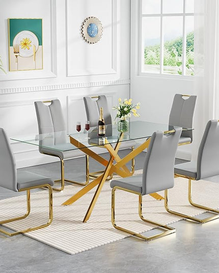 HomVent 7 Piece Rectangular Glass Dining Table Set, Rectangular Glass Kitchen Table Set for 6 with 6 PU Upholstered Dining Chairs for Kitchen Dining Room