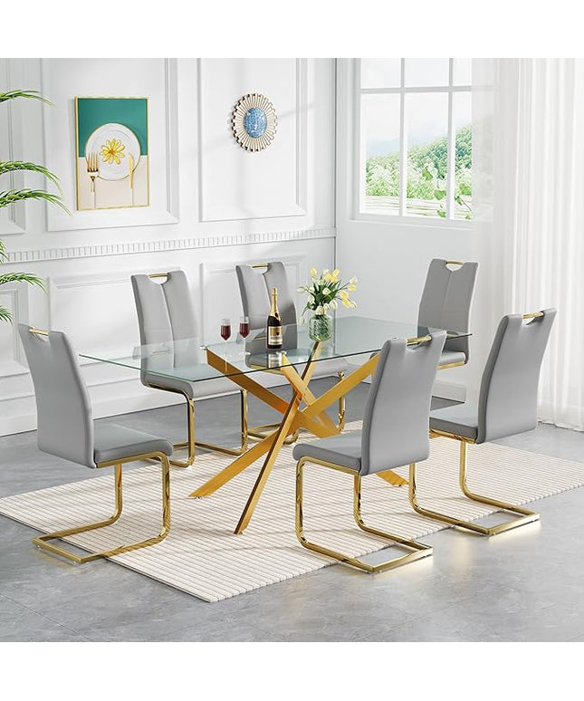 HomVent 7 Piece Rectangular Glass Dining Table Set, Rectangular Glass Kitchen Table Set for 6 with 6 PU Upholstered Dining Chairs for Kitchen Dining Room