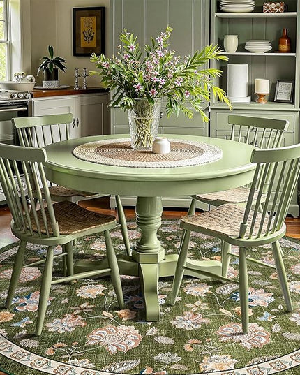 jinchan Elora 8ft Floral Round Rug for Washable Living Room Rug Vintage Romance Christmas Design Non Slip Indoor Floor Cover Lightweight Low-Profile Throw Carpet for Bedroom Porch Patio, Green