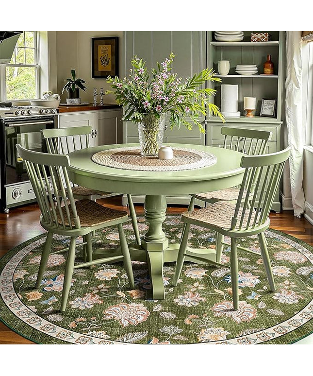 jinchan Elora 7ft Floral Round Rug for Washable Living Room Rug Vintage Romance Christmas Design Non Slip Indoor Floor Cover Lightweight Low-Profile Throw Carpet for Bedroom Porch Patio, Green