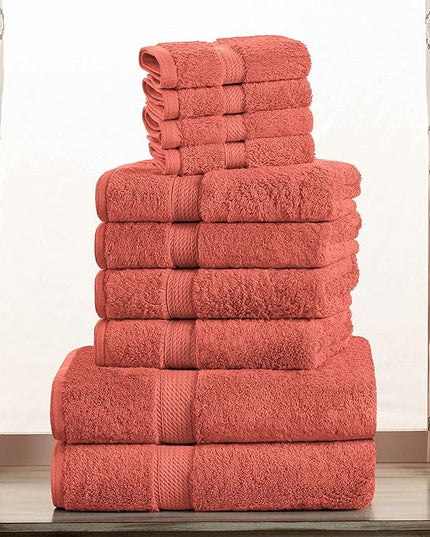 Superior Egyptian Cotton Pile 10 Piece Towel Set, Includes 2 Bath, 4 Hand, 4 Face Towels/Washcloths, Ultra Soft Luxury Towels, Thick Plush Essentials, Guest Bath, Spa, Hotel Bathroom, Coral