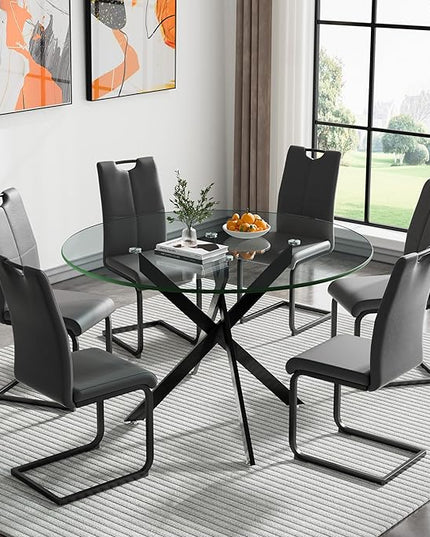 HomVent 7 Piece Round Glass Dining Table Set, Round Glass Kitchen Table Set for 6 with 6 PU Upholstered Dining Chairs for Kitchen Dining Room