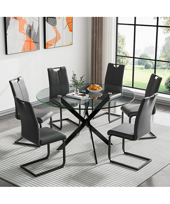 HomVent 7 Piece Round Glass Dining Table Set, Round Glass Kitchen Table Set for 6 with 6 PU Upholstered Dining Chairs for Kitchen Dining Room