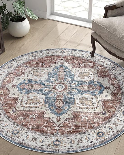 jinchan Round Rug 4ft Area Rug - Machine Washable 4'Circle Vintage Floral Non-Slip with Rubber Backing Ultra-Thin Low-Pile Carpet for Living Room Dining Room Entryway (4'Round, Rusty Red/Blue)
