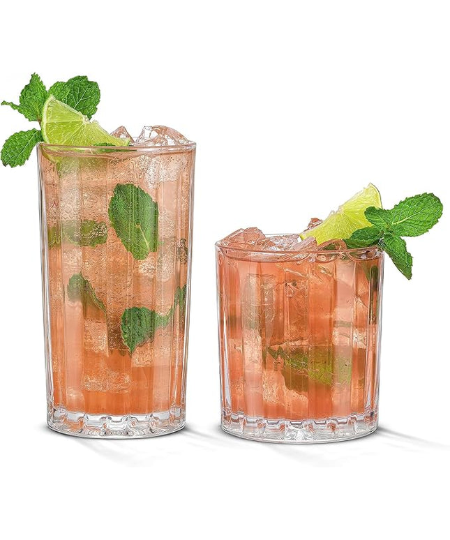 JoyJolt Drinking Glasses Set of 8, Alina Ribbed Glassware. 12oz Rocks Glass and 14oz Highball Glass set. Cocktail Glasses, Iced Coffee Cup or Water cups. Heavy Base Glassware Set