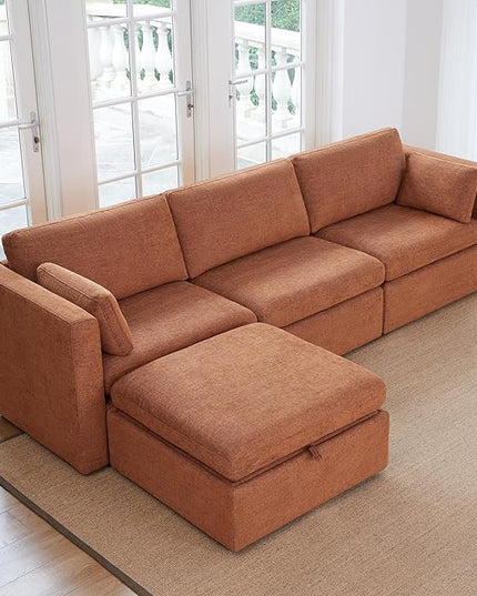 CHITA Modular Sectional Sofa, FSC Certified L Shaped Cloud Couch, Modular Sectional Couch, 112 inch Width,4 Seat Modular Sofa with Storage Ottoman, Terracotta
