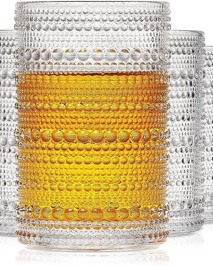hobnail drinking glasses Highball Glasses Set of 4 12oZ Embossed Vintage Drinking Water Cocktail Whiskey Beverages Juice Milk Soda Gift for Men Women