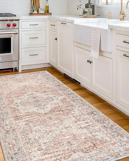 ReaLife Rugs Machine Washable Area Rug - Living Room Bedroom Bathroom Kitchen Entryway Office - Padded Low Pile Stain Resistant Premium - Boho Farmhouse Vintage - Lyle - Gray Ivory Blush 2'6" x 8'