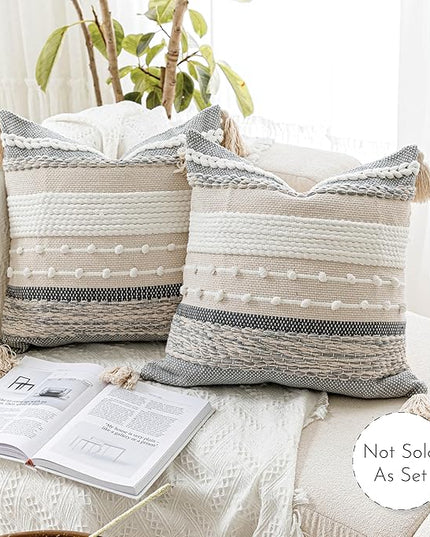 BlissBlush Gray Boho Throw Pillow Cover 18x18 Grey Decorative Accent Pillow for Couch Square Woven Textured Pillowcase Modern Farmhouse Pillow for Bed Bohemian Pillow Cover (Pack of 1)