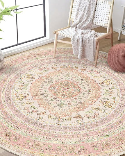 Round Area Rugs 6ft Washable,Pink Rug for Living Room Bedroom Dining Room,Circle Boho Vintage Bohemian Distressed Farmhouse Carpet Non Slip,Blush Floral