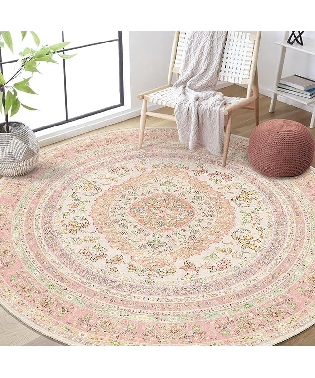 Round Area Rugs 6ft Washable,Pink Rug for Living Room Bedroom Dining Room,Circle Boho Vintage Bohemian Distressed Farmhouse Carpet Non Slip,Blush Floral