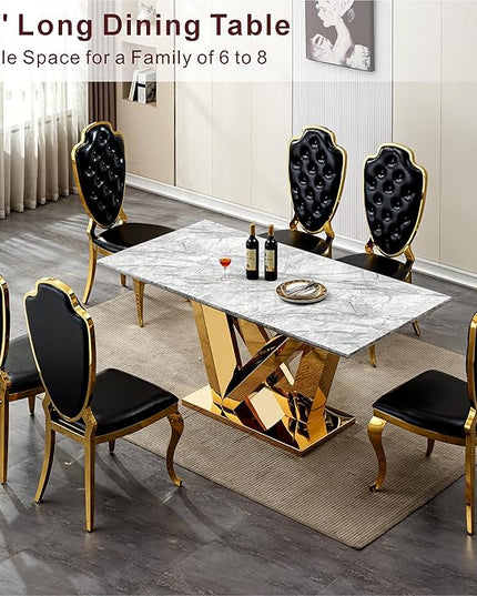70 Inch Modern Rectangular Dining Table for 6, Faux Marble Top with Mirrored Stainless Steel Base, Large Kitchen Table for Dining Room, Living Room, Office, Conference, (Table Only) (Gold + Grey)