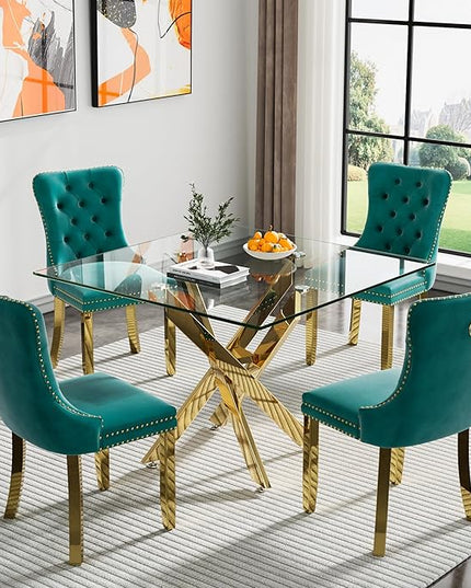 Glass Dining Table Set for 4, Square 36" Dining Table with Gold Cross Metal Leg, 4 Green Velvet Dining Chairs with Stainless Steel Legs, Modern Glass Kitchen Table and Chairs Set for Small Space