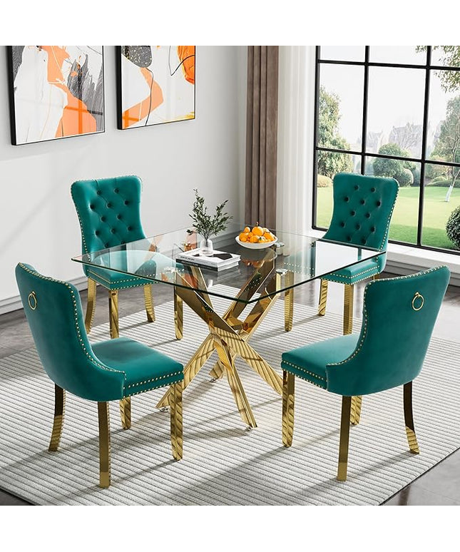Glass Dining Table Set for 4, Square 36" Dining Table with Gold Cross Metal Leg, 4 Green Velvet Dining Chairs with Stainless Steel Legs, Modern Glass Kitchen Table and Chairs Set for Small Space