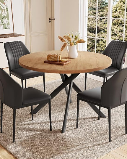 45.3 Inch Round Dining Table Set for 4, Mid Century Modern Small Kitchen Coffee Set for Dining Room Kitchen Apartment (Oak Table + 4 Black Chairs)