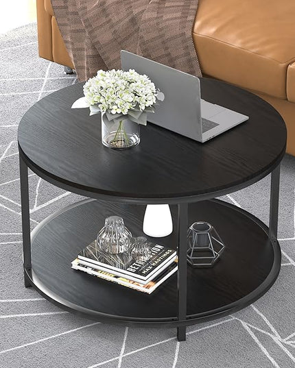 NSdirect Round Coffee Table, 25.6" Small Coffee Table for Living Room,2-Tier Rustic Wood Desktop with Storage Shelf Modern Design Home Furniture(Brown)