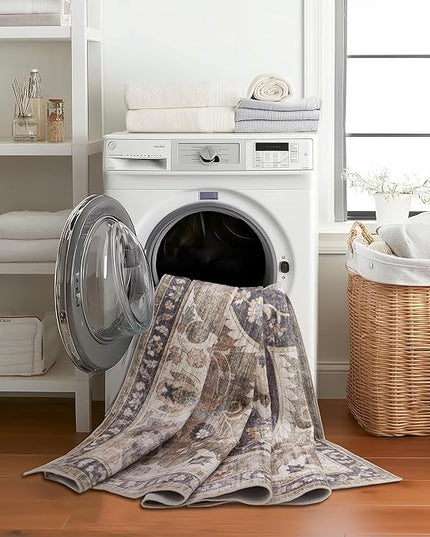 ReaLife Rugs Machine Washable Area Rug - Living Room Bedroom Bathroom Kitchen Entryway Office - Non Slip Low Pile Stain Resistant Premium - Boho Farmhouse Vintage - Joy - Brown Beige 4' Round