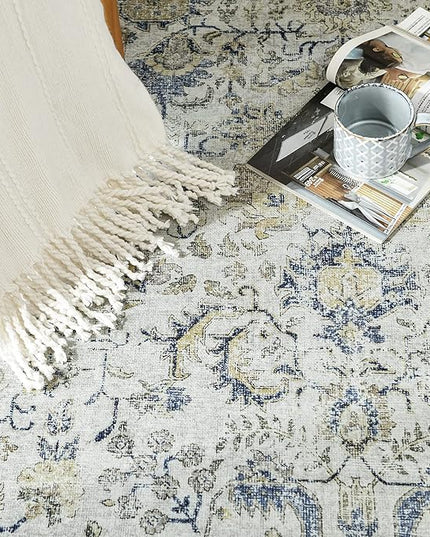 jinchan Kalen Runner Rug 3x8-2pcs Washable Hallway Rug Vintage Indoor Thin Retro Floor Cover Distressed Floral Country Lightweight Non Slip Carpet for Entryway Bathroom Kitchen Bedroom Stairway Blue