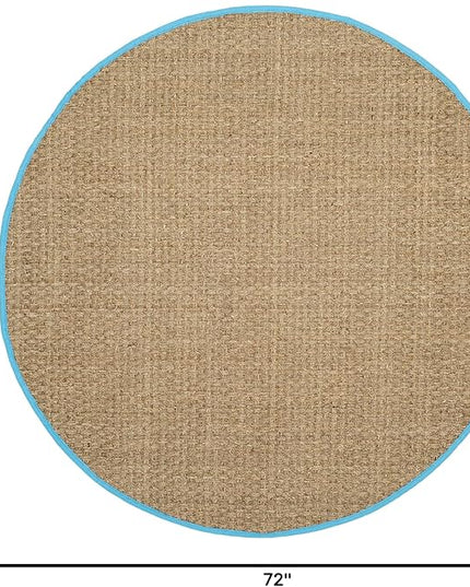 SAFAVIEH Area Rug 6' Round - Natural Fiber Collection - Natural & Turquoise, Seagrass, Basketweave Pattern with Border (NF114S)