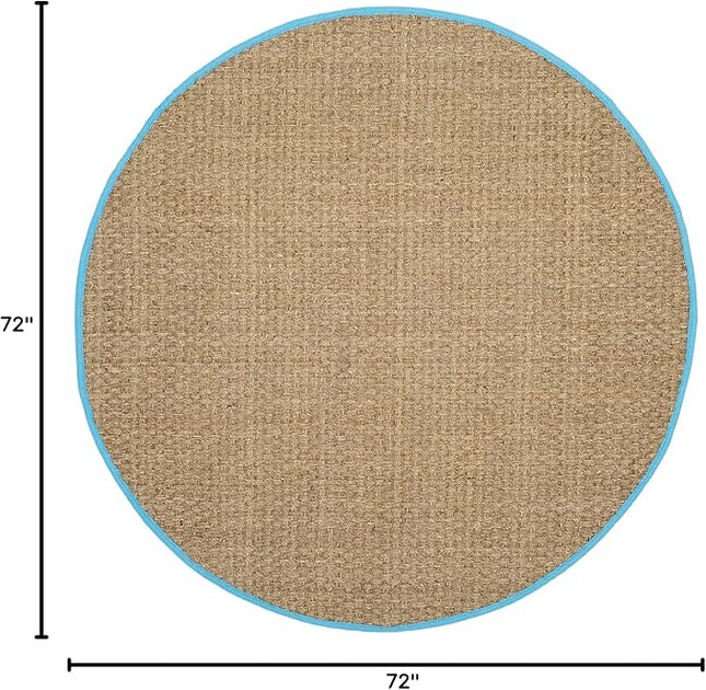 SAFAVIEH Area Rug 6' Round - Natural Fiber Collection - Natural & Turquoise, Seagrass, Basketweave Pattern with Border (NF114S)