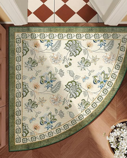 jinchan Elora Floral Corner Rug for Entryway Washable Rug Vintage Romance Christmas Design Non Slip Quarter Circle Lightweight Low-Pile Throw Carpet for Playroom Nook Nursery 4ft Radius, Green/Beige