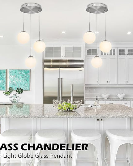 KoKo&Yukina 3-Light Globe Glass Pendant Light Modern Nickel Glass Chandelier Adjustable Length Pendant Lights Fixtures with Milky White Globe Ceiling Light for Kitchen Island (Bulb & Remote Incl.)