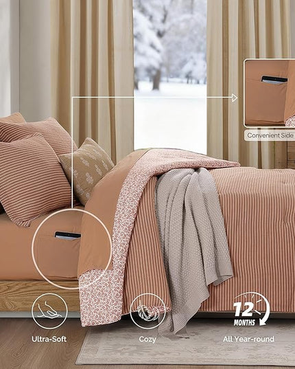Full Comforter Set - 7 Pieces Autumn Leaf Gauze Muslin Bedding Sets for All Seasons, Lightweight Breathable Bed in a Bag Full with Revesible Farmhouse Comforter, Sheets, Pillowcases & Shams