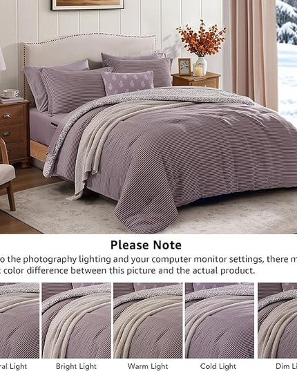 Queen Comforter Set - 7 Pieces Deep Purple Gauze Muslin Bedding Sets for All Seasons, Lightweight Breathable Bed in a Bag Queen with Revesible Farmhouse Comforter, Sheets, Pillowcases & Shams