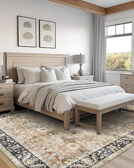 ReaLife Machine Washable Area Rug - Living Room Bedroom Bathroom Kitchen Entryway Office - Padded Low Pile Stain Resistant Premium - Boho Farmhouse Vintage - BEV - Beige Tan Brown 7'6" x 9'6"