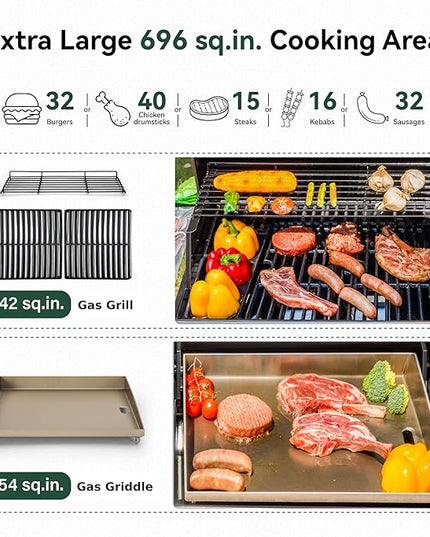 5 Burner Griddle Grill Combo, 2 in 1 Propane Gas BBQ Grill with Porcelain-Enameled Cast Iron Grates & Pan, Outdoor Flat Top Griddle, 695 Sq. In. Propane Barbecue Grill for Patio Backyard Balcony