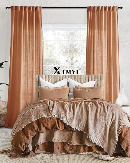XTMYI Terracotta Vintage Boho Curtains, Rust Colored Linen Sheer Rustic Farmhouse Western Curtains for Bedroom Living Room Home Decor, 84 Inches Long, 2 Panels Set